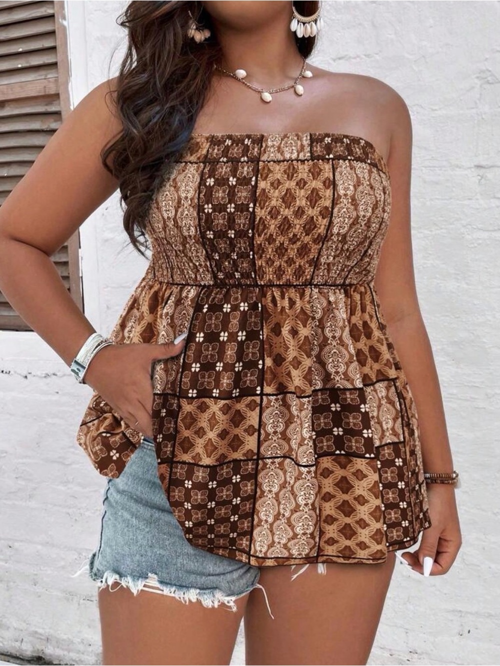 SHEIN Brown & Tan Patchwork Smocked Tube Top
